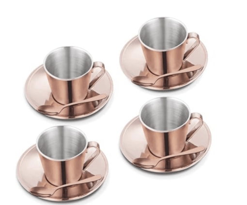 Shri & Sam Stainless Steel with Rose Gold PVD Coating 4 Pieces Rise Double Wall Cup and Saucer Set